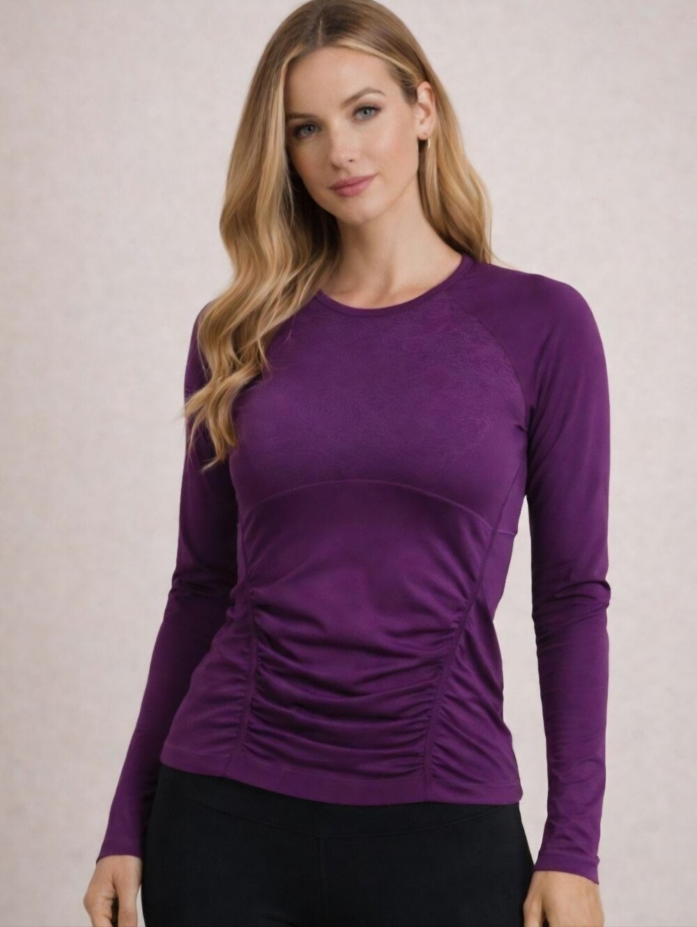 Title Nine Rash Guard Long Sleeve T-Shirt Purple Ruched Active UPF 50+ Size XS.